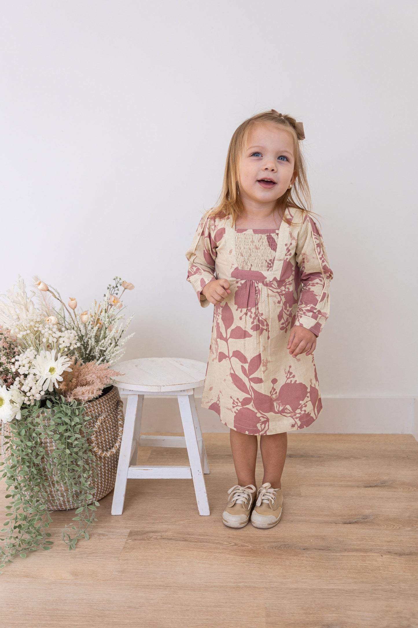 Dark Pink Floral Printed Long Sleeves Gathered Dress DRESS Yo Baby India 