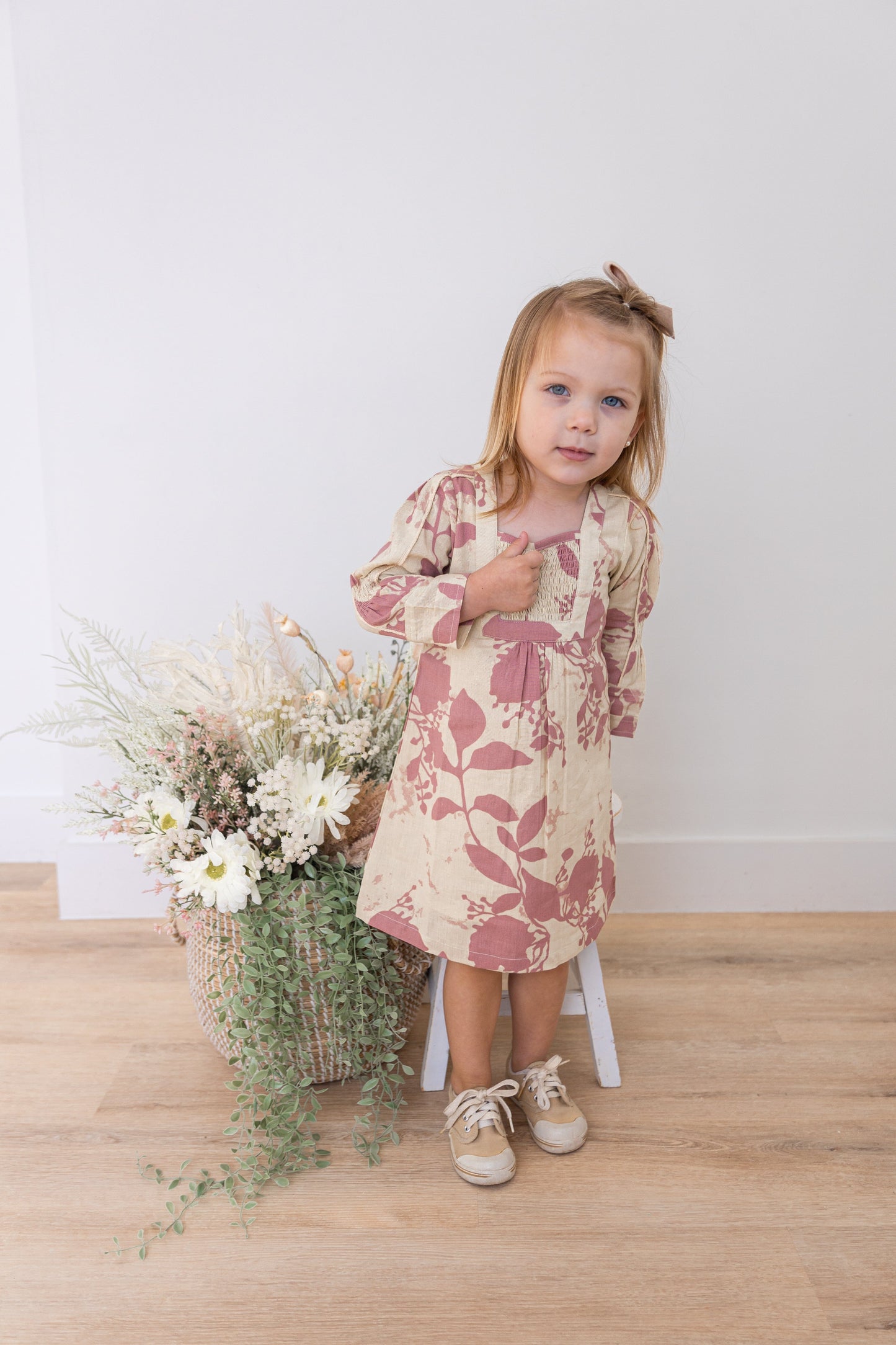 Dark Pink Floral Printed Long Sleeves Gathered Dress DRESS Yo Baby India 