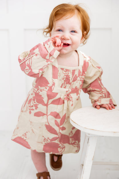 Dark Pink Floral Printed Long Sleeves Gathered Dress DRESS Yo Baby India 