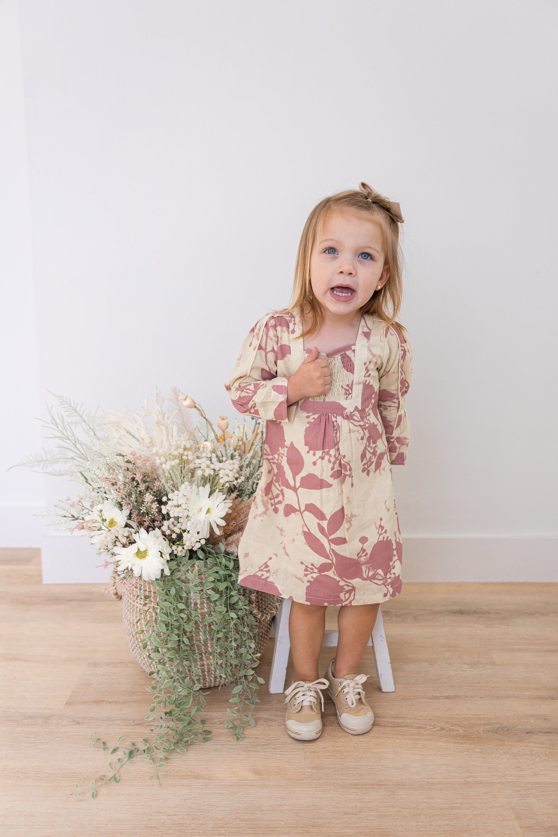 Dark Pink Floral Printed Long Sleeves Gathered Dress DRESS Yo Baby India 