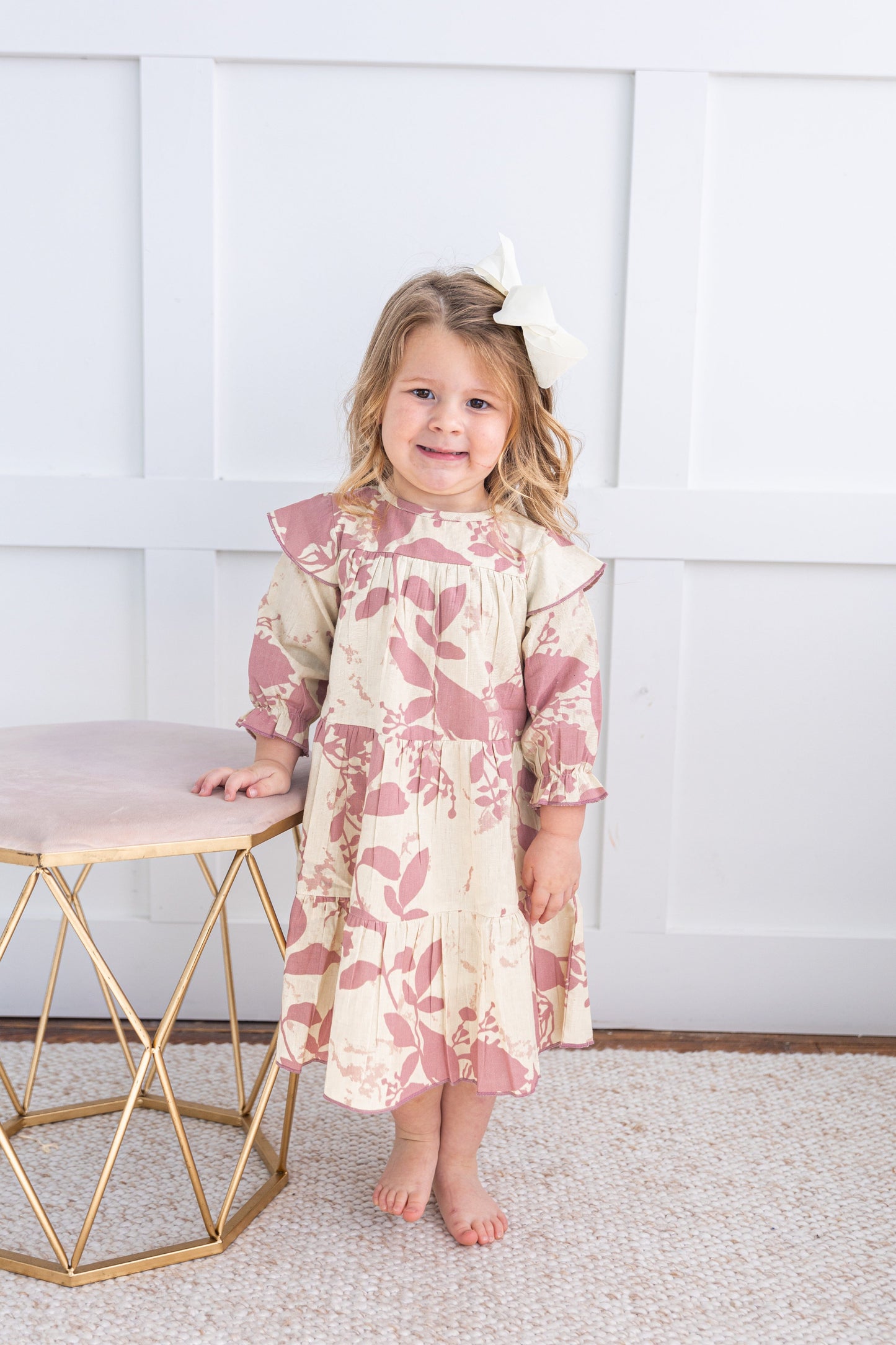 Dark Pink Leaf Printed Tiered Long Sleeve Dress Dress Yo Baby India 