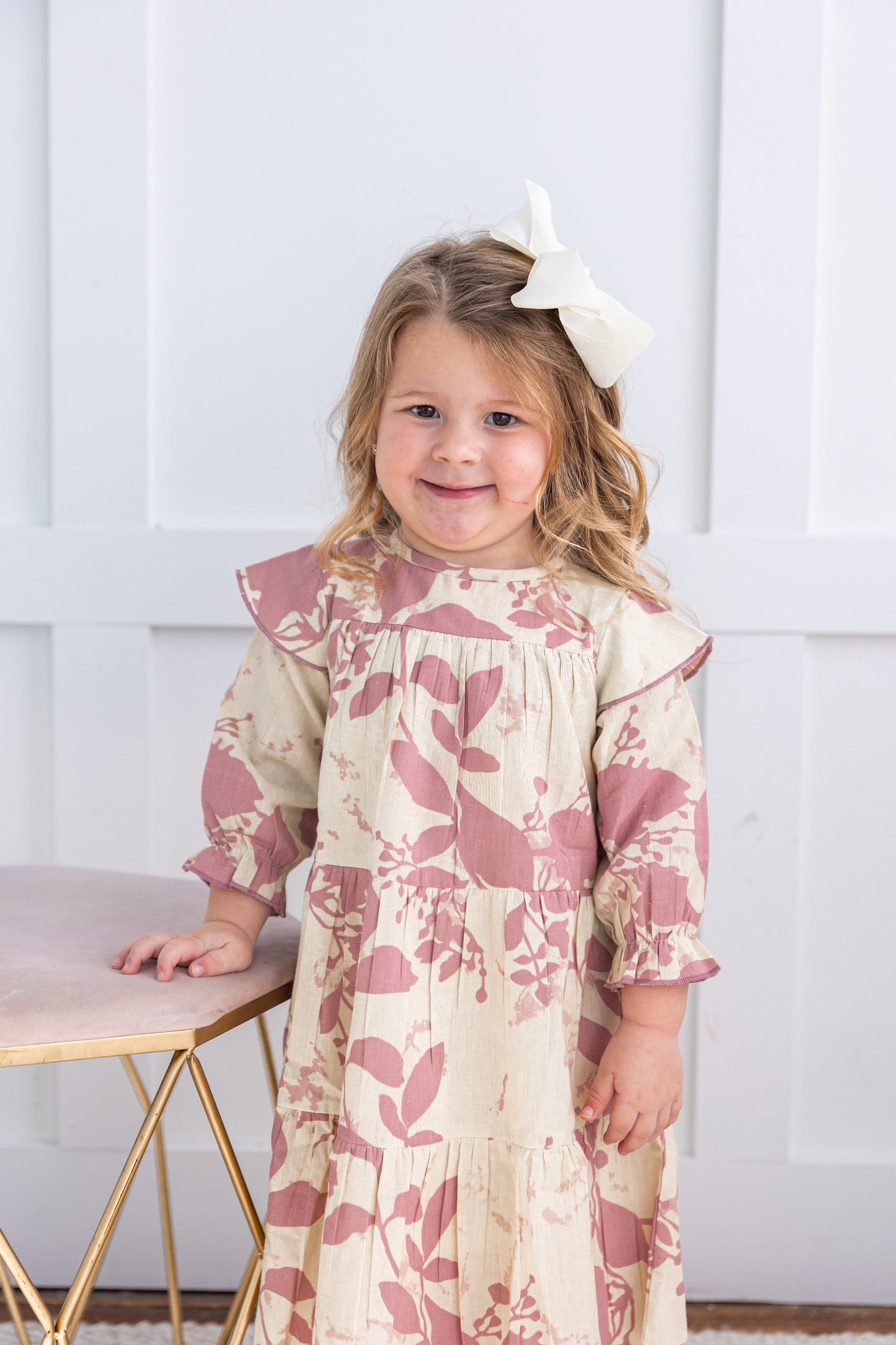 Dark Pink Leaf Printed Tiered Long Sleeve Dress Dress Yo Baby India 