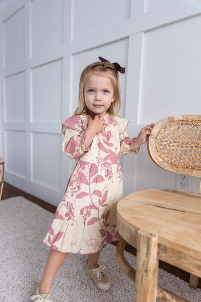 Dark Pink Leaf Printed Tiered Long Sleeve Dress Dress Yo Baby India 