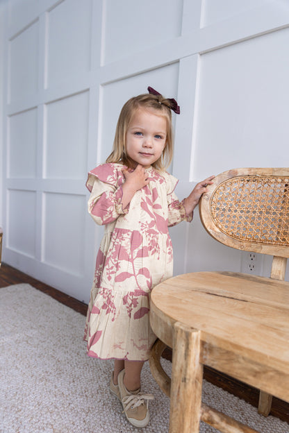 Dark Pink Leaf Printed Tiered Long Sleeve Dress Dress Yo Baby India 