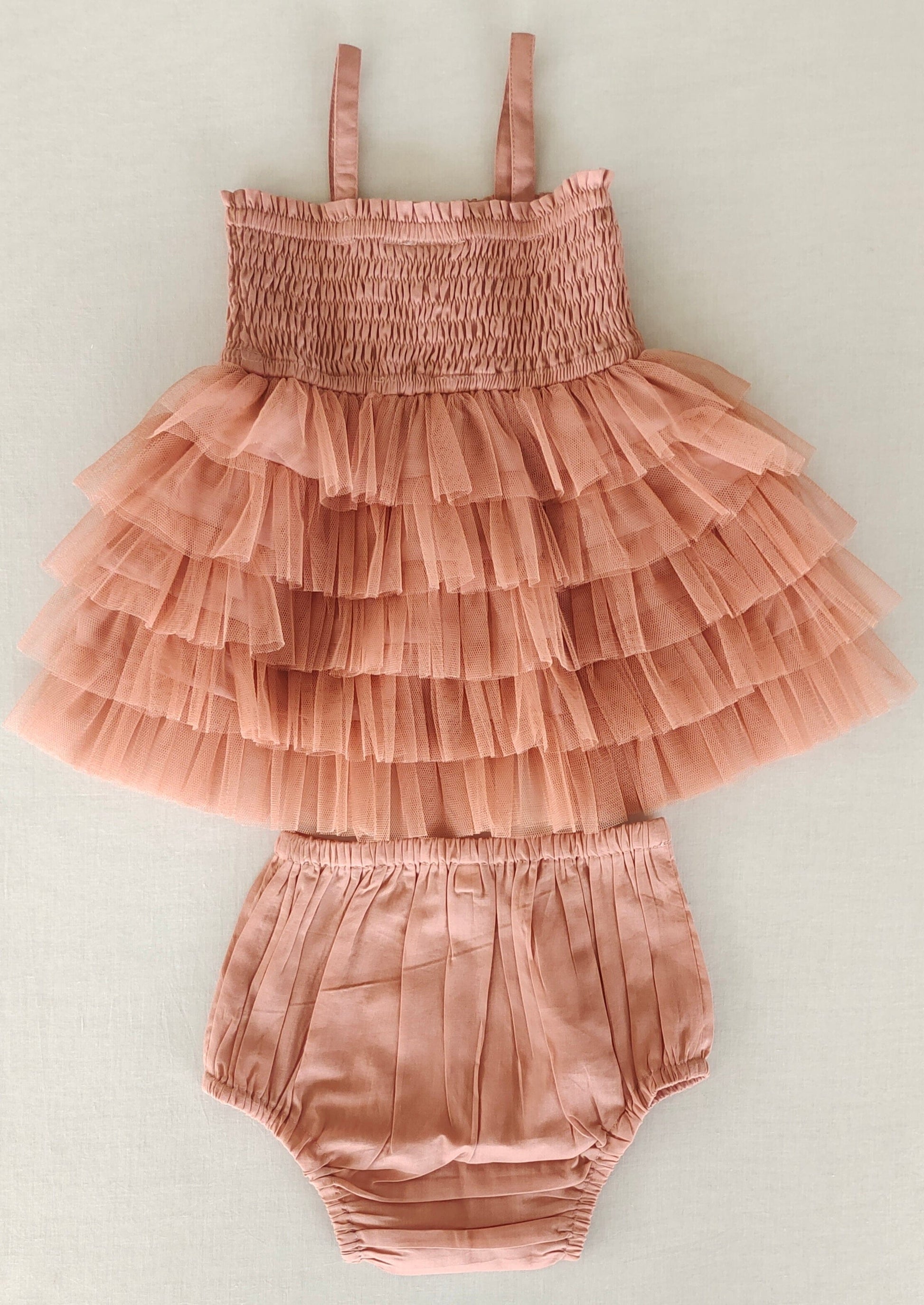 Dusty Pink Tiered Tulle Dress with Nylon Net Frills and Adjustable Straps dress & diaper cover Yo Baby India 