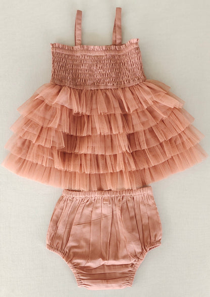 Dusty Pink Tiered Tulle Dress with Nylon Net Frills and Adjustable Straps dress & diaper cover Yo Baby India 