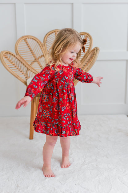 Floral Print Bottom Ruffle Long-Sleeves Gathered Dress dress & diaper cover Yo Baby India 