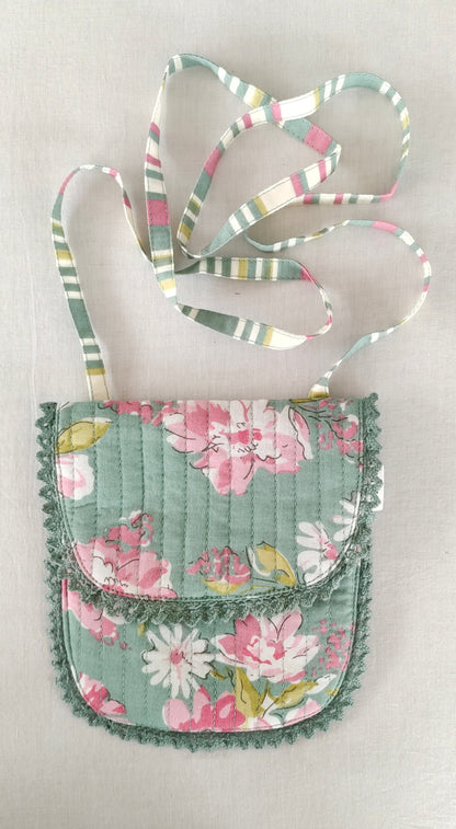 Green Floral & Stripe Kids' Small Tote Bag with Magnetic Closure and Lace Detailing PURSE Yo Baby India 