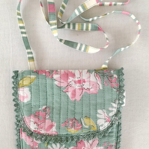 Kids' Green Floral & Stripe Cotton Small Tote Bag with Magnetic Closure & Lace Detailing – Cute Sling Bag for Girls