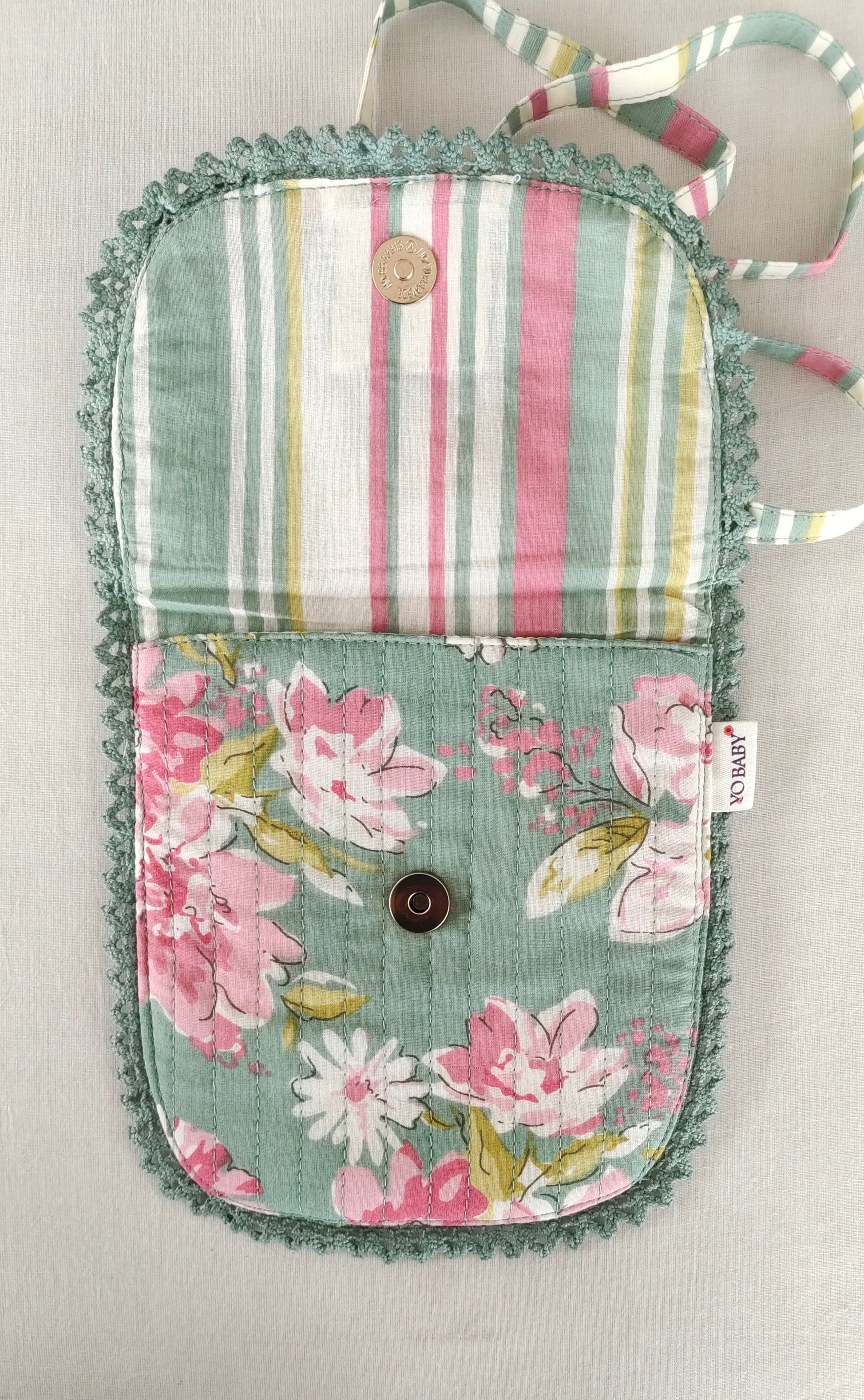 Green Floral & Stripe Kids' Small Tote Bag with Magnetic Closure and Lace Detailing PURSE Yo Baby India 