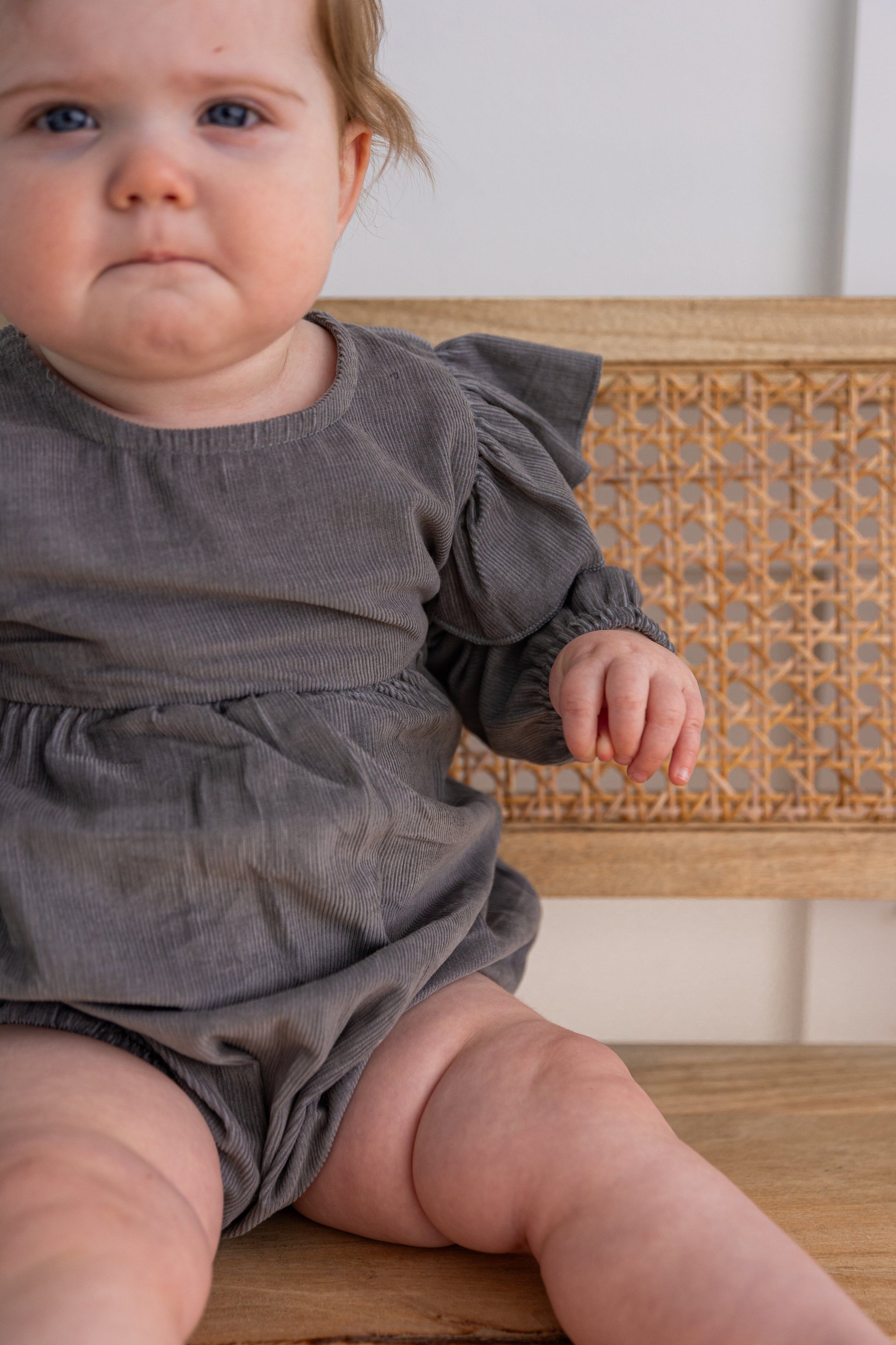 Grey Corduroy Solid Color Sleeve Ruffled Baby Romper Romper Yo Baby India 