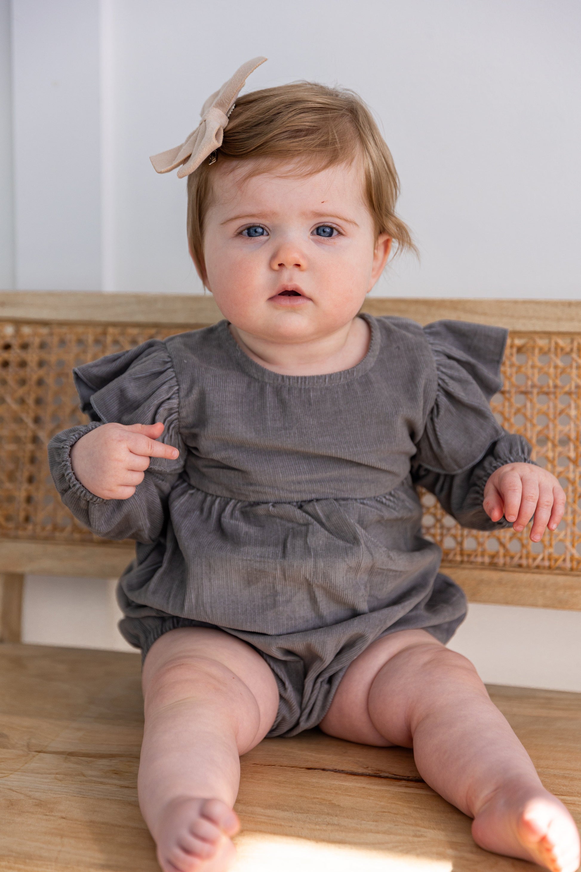 Grey Corduroy Solid Color Sleeve Ruffled Baby Romper Romper Yo Baby India 