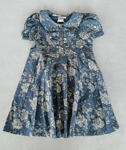 Grey Floral Printed Puff Sleeves Gathered Dress dress & diaper cover DRESS Yo Baby India 