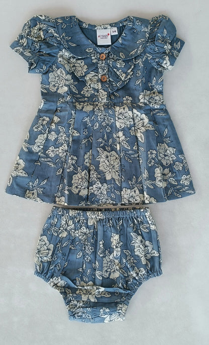 Grey Floral Printed Puff Sleeves Gathered Dress dress & diaper cover DRESS Yo Baby India 