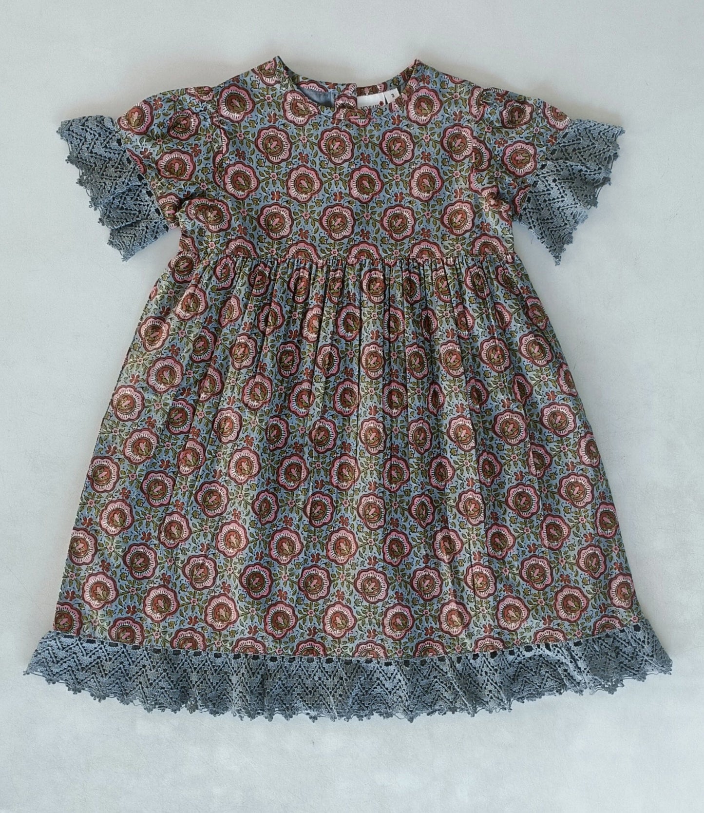 Grey Floral Printed Short Sleeves Gathered Dress DRESS Yo Baby India 