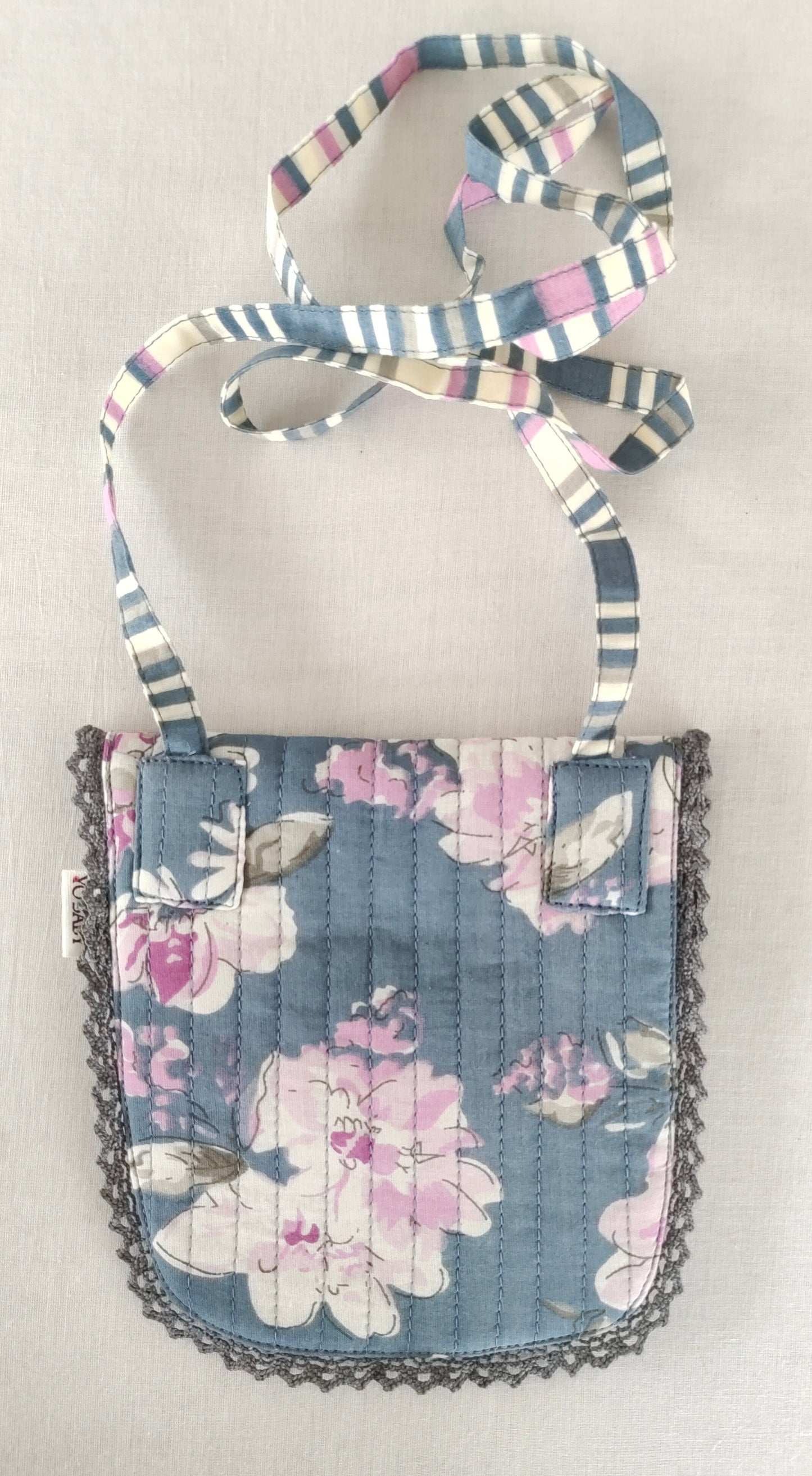 Grey Floral & Stripe Kids' Small Tote Bag with Magnetic Closure and Lace Detailing PURSE Yo Baby India 
