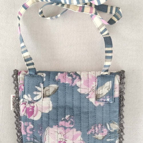 Kids' Grey Floral & Stripe Cotton Small Tote Bag with Magnetic Closure & Lace Detailing – Cute Mini Sling Bag for Girls