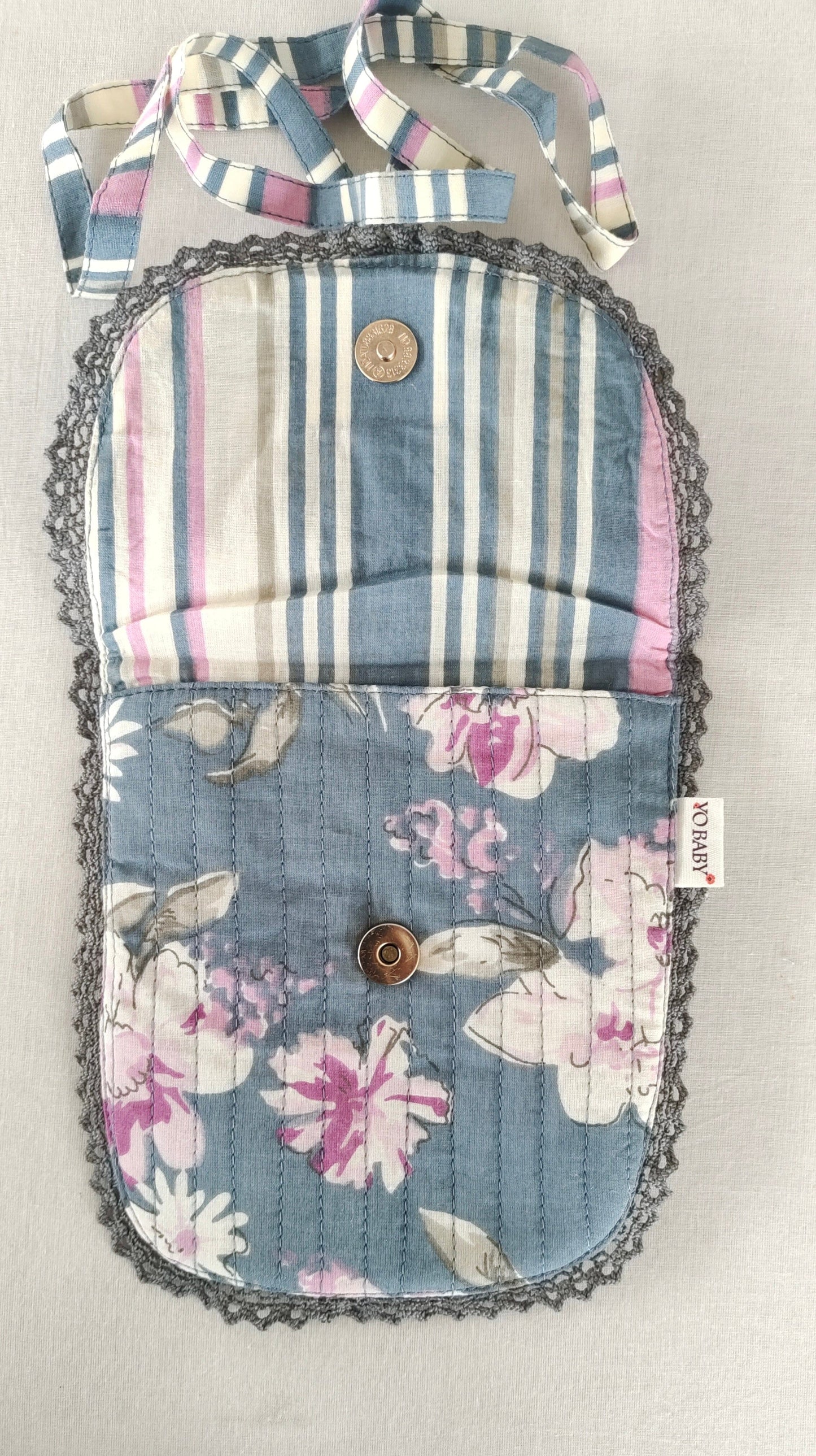Grey Floral & Stripe Kids' Small Tote Bag with Magnetic Closure and Lace Detailing PURSE Yo Baby India 