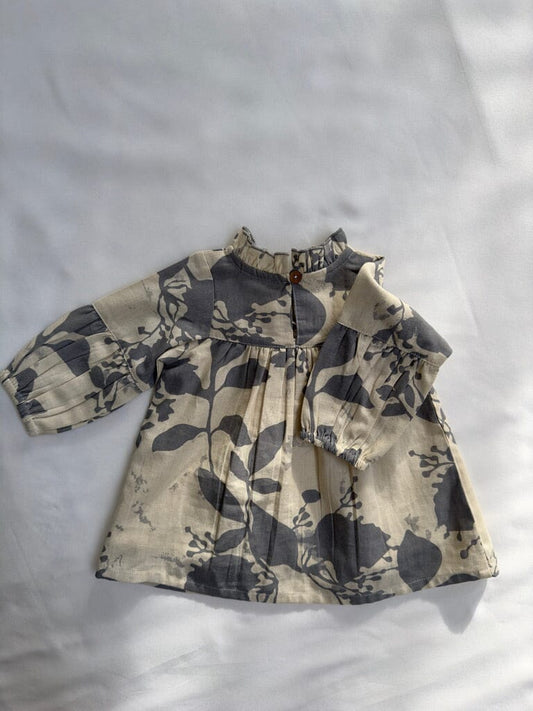 Grey Leaf Printed Gathered Long Sleeve Dress DRESS Yo Baby India 