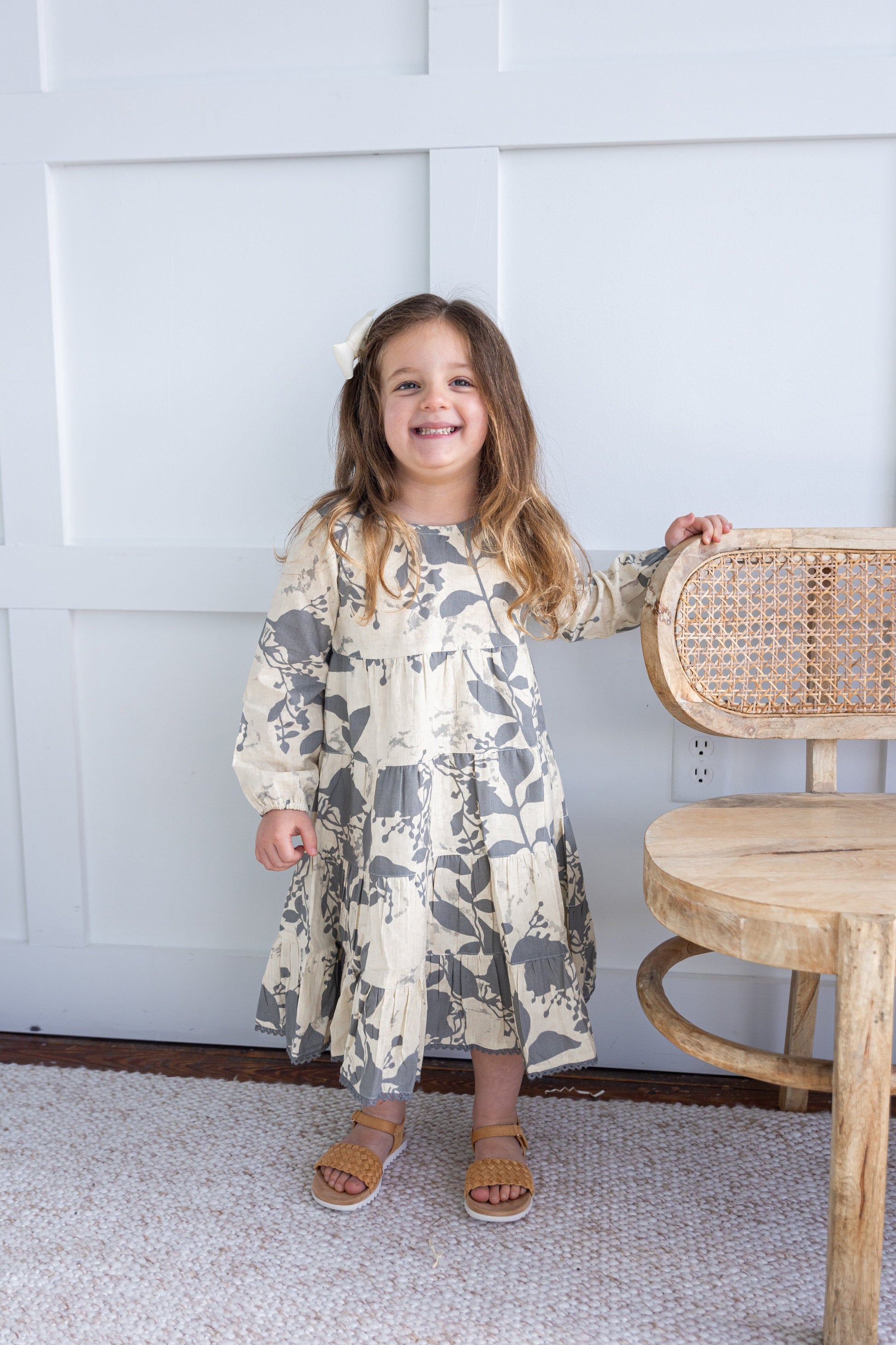 Grey Leaf Printed Tiered Long Sleeve Dress Cotton Baby Dress with La Yo Baby India Grey Leaf Printed Tiered Long Sleeve Dress Cotton Baby Dress with La Yo Baby India