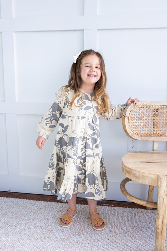 Grey Leaf Printed Tiered Long Sleeve Dress DRESS Yo Baby India 