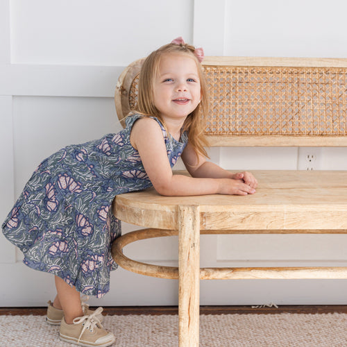 Grey Printed Tiered Shift Dress – Cotton-Lined Infant Dress with Coconut Buttons