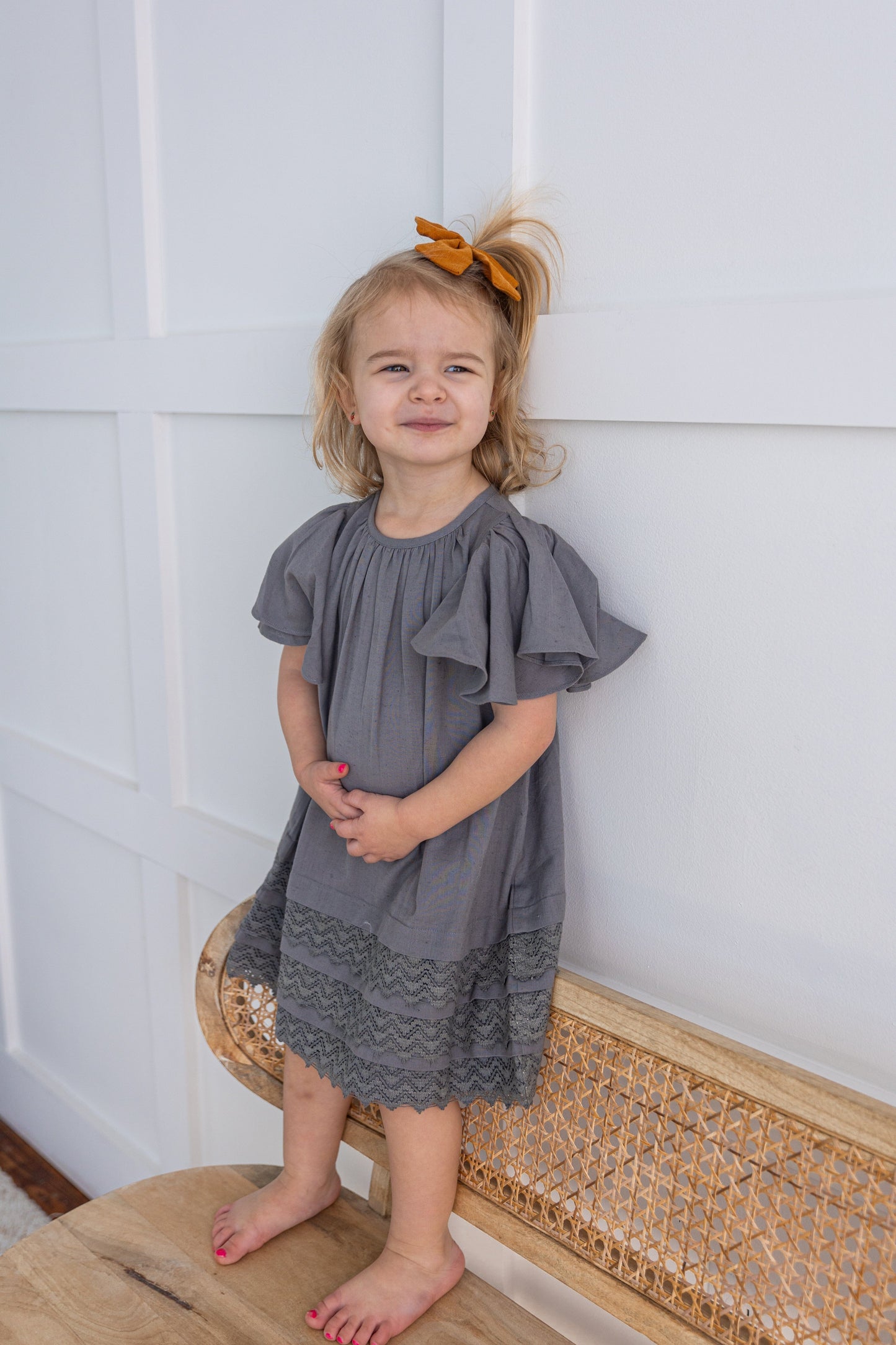 Grey Solid Color Sleeve & Neck Gathered Dress dress & diaper cover DRESS Yo Baby India 