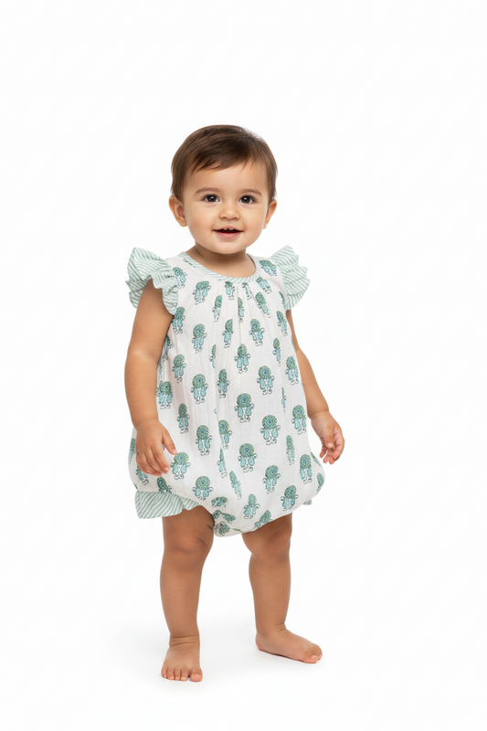 Infant Sage Booty Print Bubble Dress with Stripe Ruffle | Baby Girls Cotton Dress