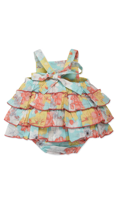 Infant Turquoise Floral Bubble with Multi Ruffle Design Romper Yo Baby India 