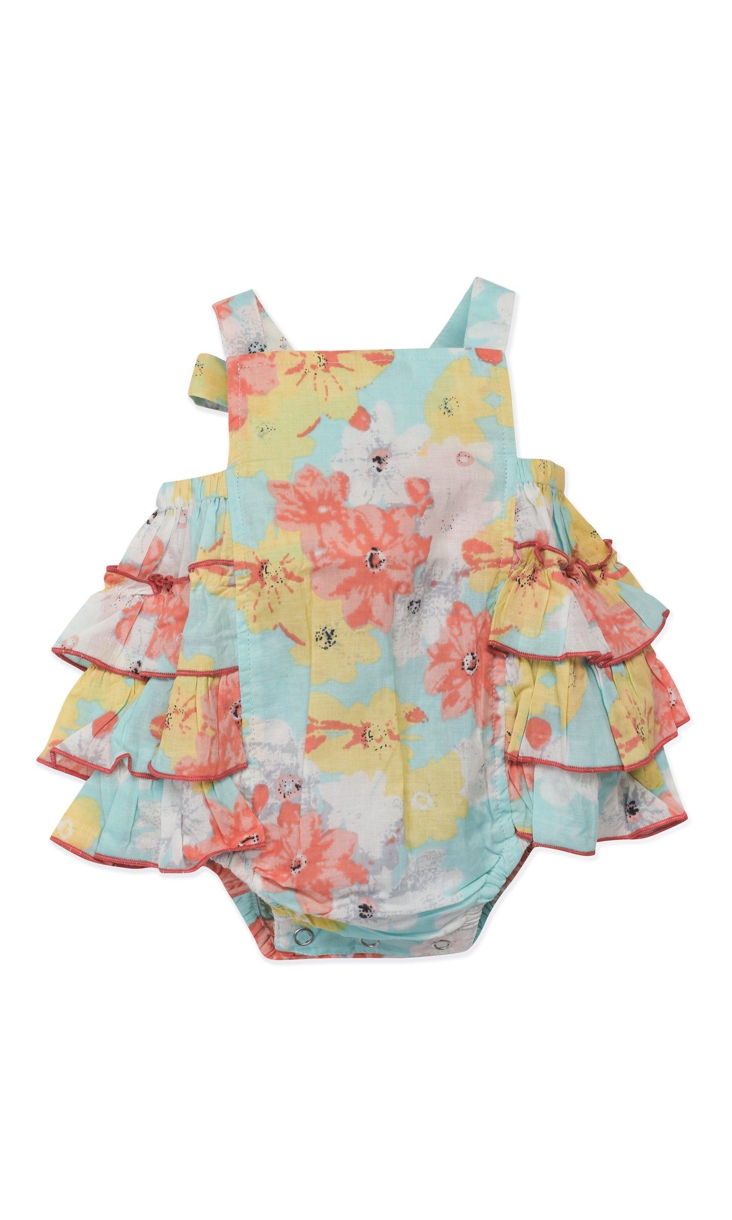 Infant Turquoise Floral Bubble with Multi Ruffle Design Romper Yo Baby India 
