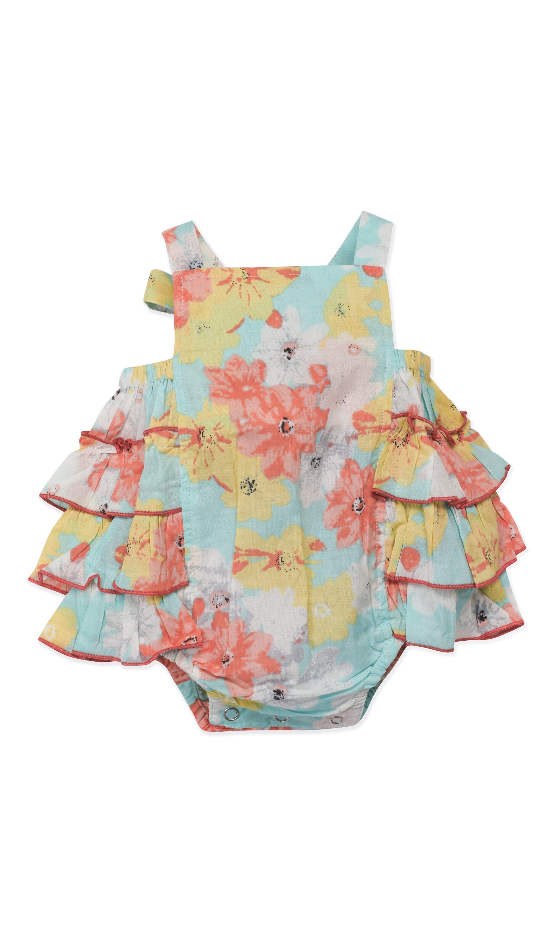 Infant Turquoise Floral Bubble with Multi Ruffle Design Romper Yo Baby India 