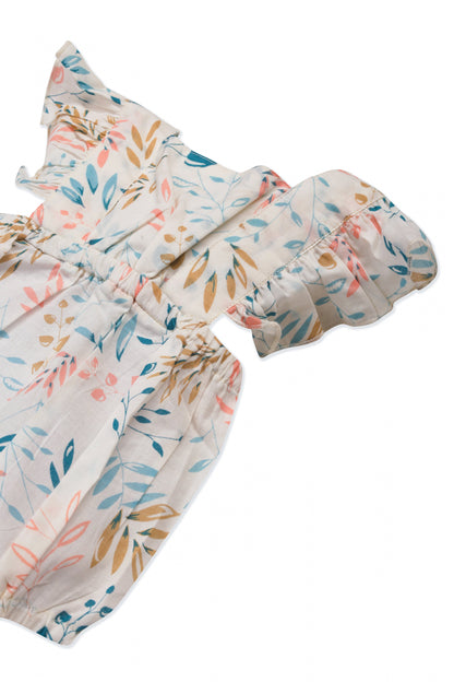 Infant White Printed Bubble with Ruffle Cap Sleeves Romper Yo Baby India 