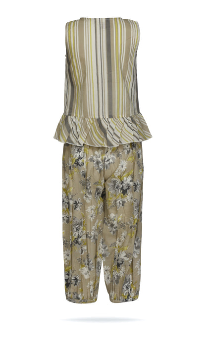 Kids 2-Piece Set: Brown Striped Ruffle Top & Floral Pants with Elastic Hem TOP & PANTS SET Yo Baby India 