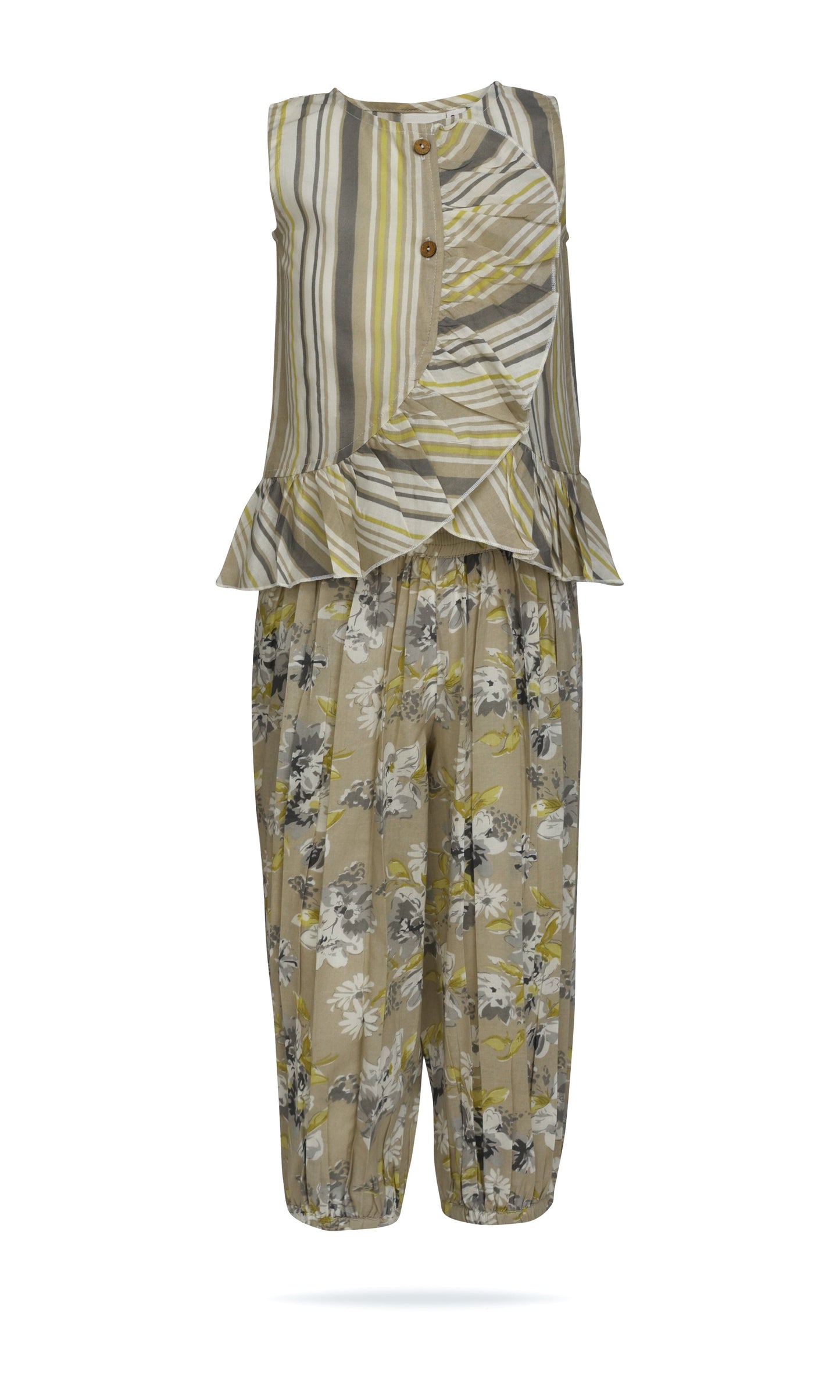 Kids 2-Piece Set: Brown Striped Ruffle Top & Floral Pants with Elastic Hem TOP & PANTS SET Yo Baby India 