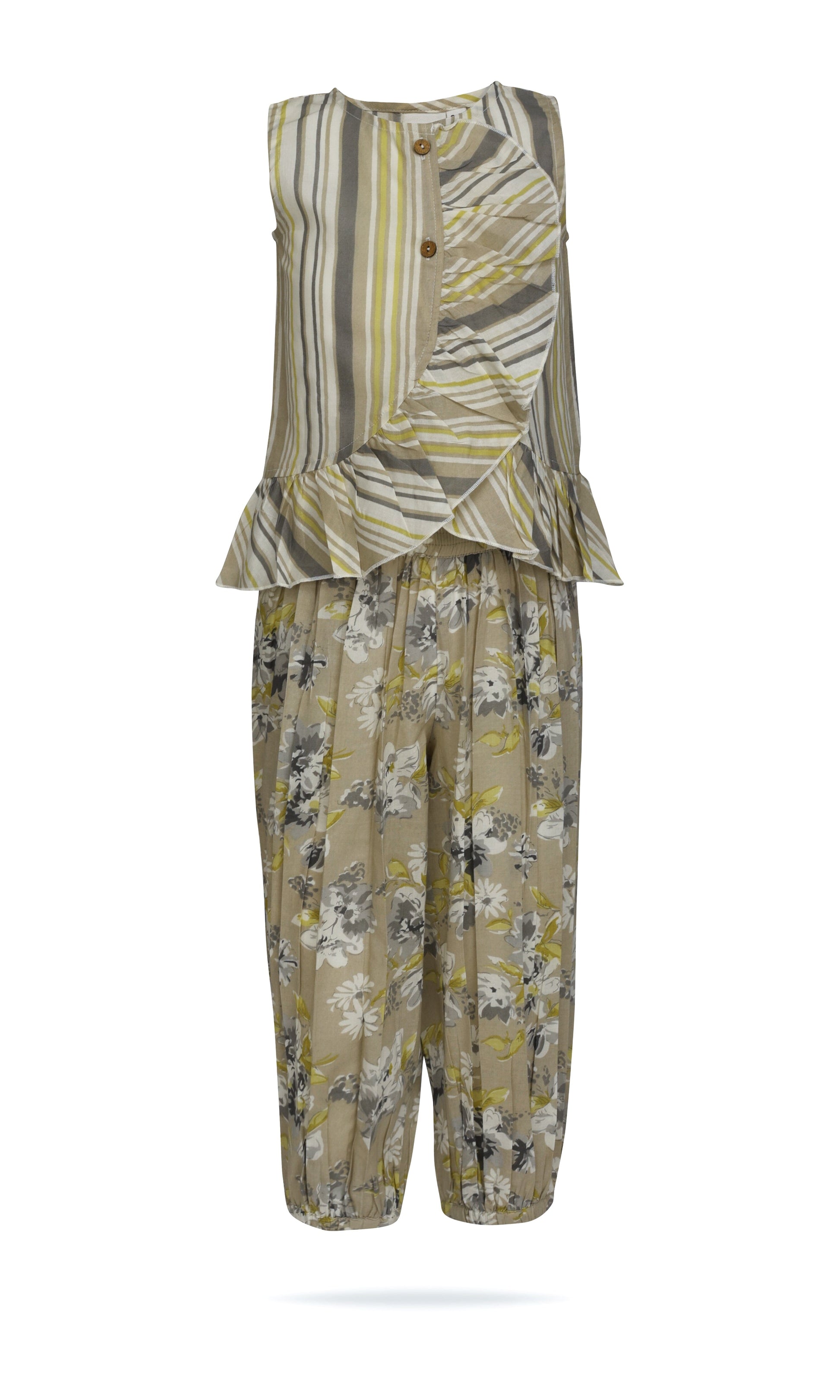 Kids 2-Piece Set: Brown Striped Ruffle Top & Floral Pants with Elastic Hem TOP & PANTS SET Yo Baby India 