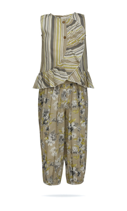 Kids 2-Piece Set: Brown Striped Ruffle Top & Floral Pants with Elastic Hem TOP & PANTS SET Yo Baby India 