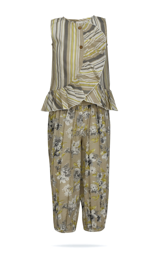 Kids 2-Piece Set: Brown Striped Ruffle Top & Floral Pants with Elastic Hem TOP & PANTS SET Yo Baby India 