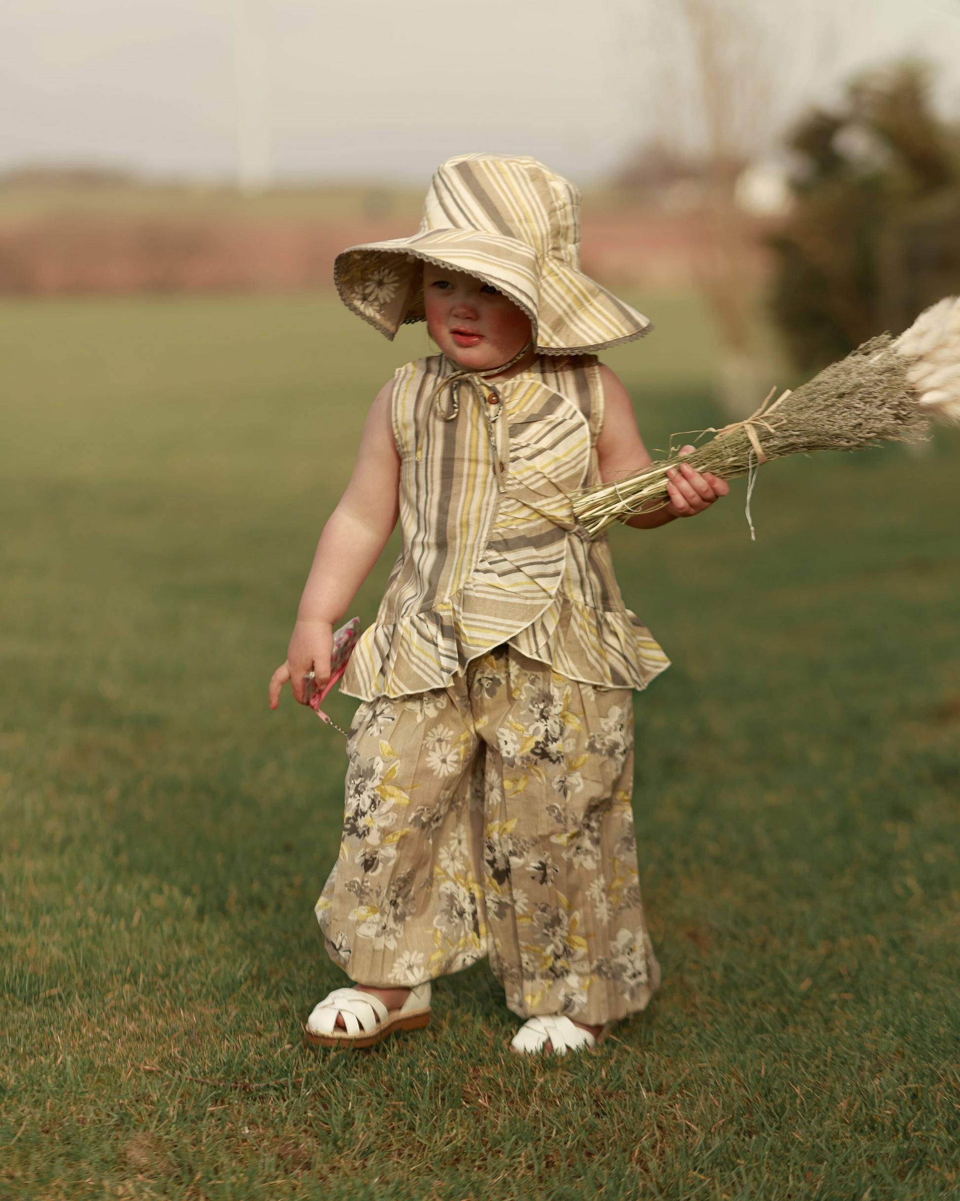 Kids Brown Floral Top & Striped Pants with Printed Ruffle Design TOP & PANTS SET Yo Baby Online 