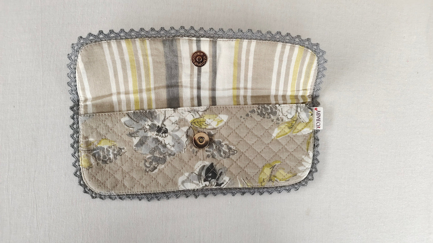 Kids' Cotton Brown Floral & Stripe Printed Pencil Pouch with Magnetic Closure and Lace Details Yo Baby India 