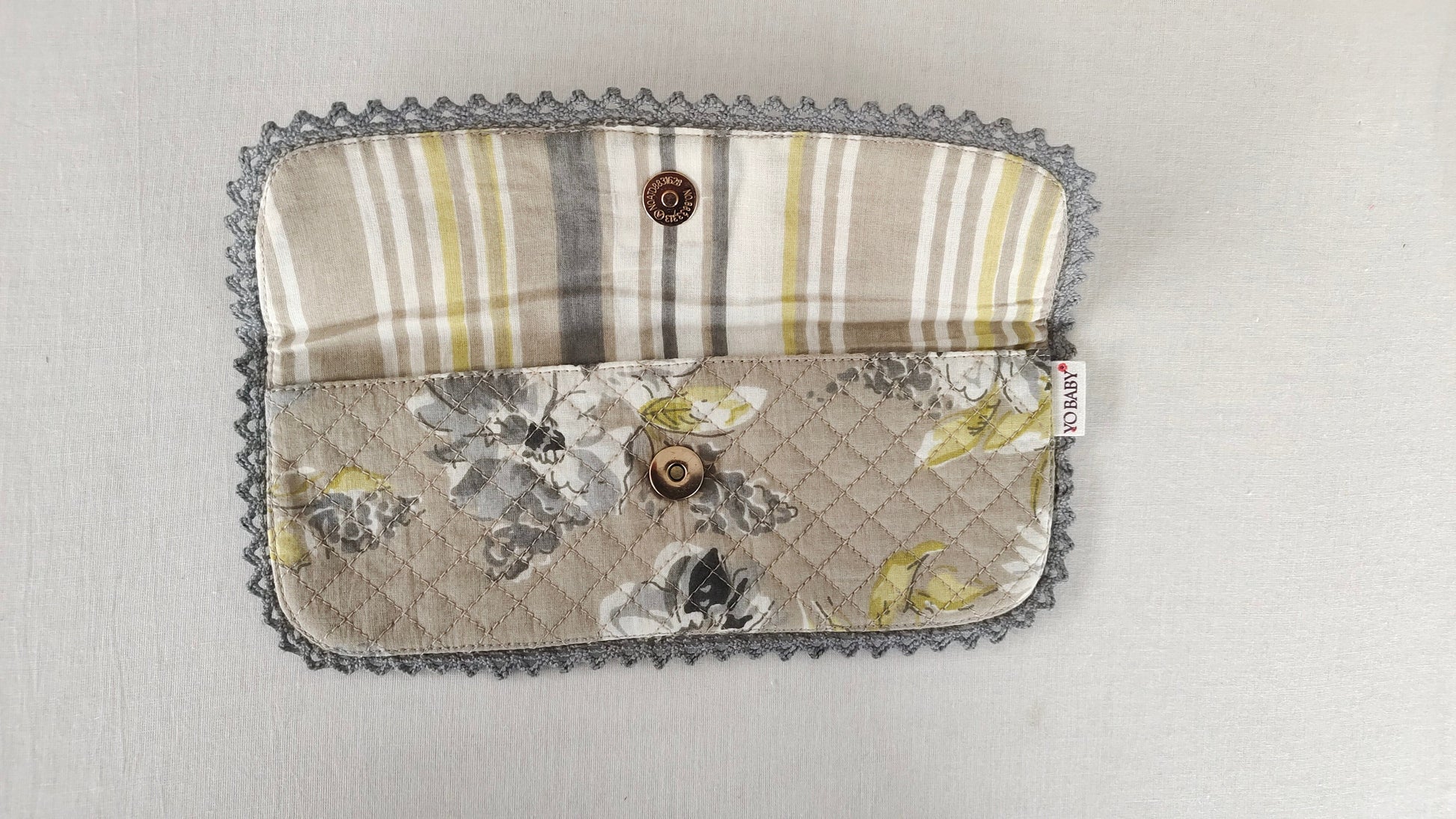 Kids' Cotton Brown Floral & Stripe Printed Pencil Pouch with Magnetic Closure and Lace Details Yo Baby India 
