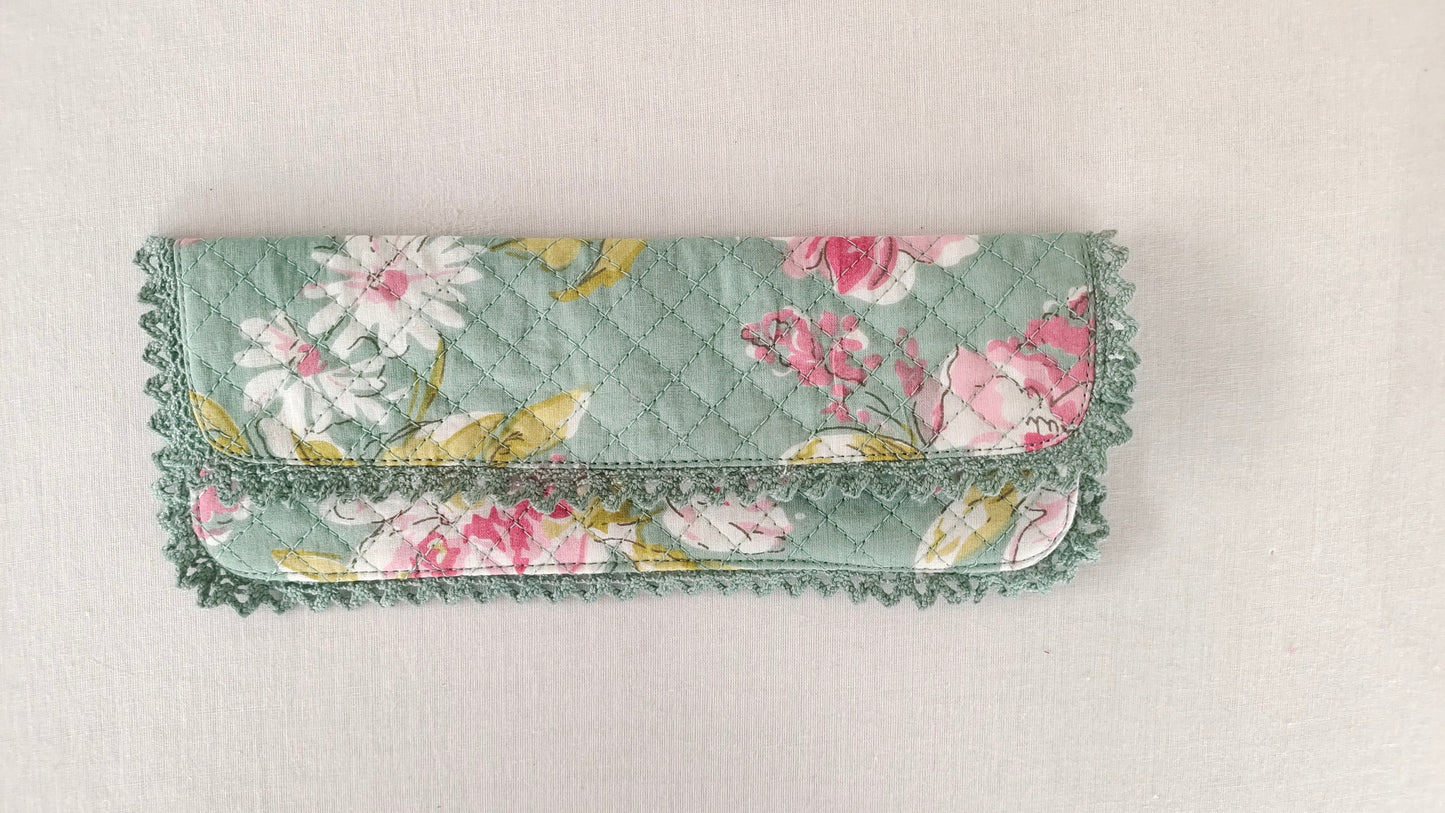 Kids' Cotton Green Floral & Stripe Printed Pencil Pouch with Magnetic Closure and Lace Details PURSE Yo Baby India 