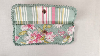 Kids' Cotton Green Floral & Stripe Printed Pencil Pouch with Magnetic Closure and Lace Details PURSE Yo Baby India 