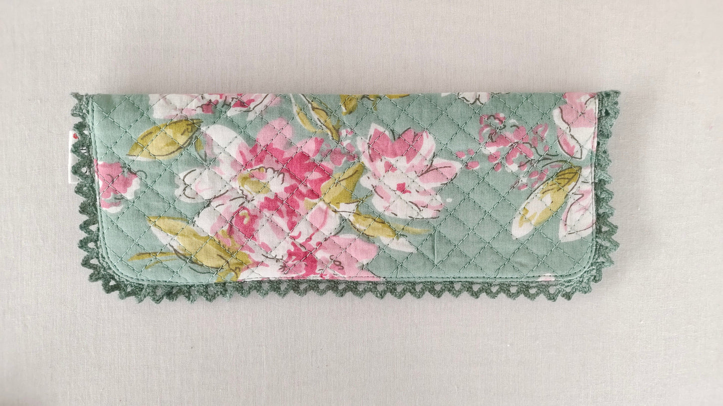 Kids' Cotton Green Floral & Stripe Printed Pencil Pouch with Magnetic Closure and Lace Details PURSE Yo Baby India 