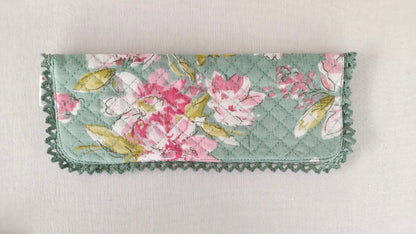 Kids' Cotton Green Floral & Stripe Printed Pencil Pouch with Magnetic Closure and Lace Details PURSE Yo Baby India 