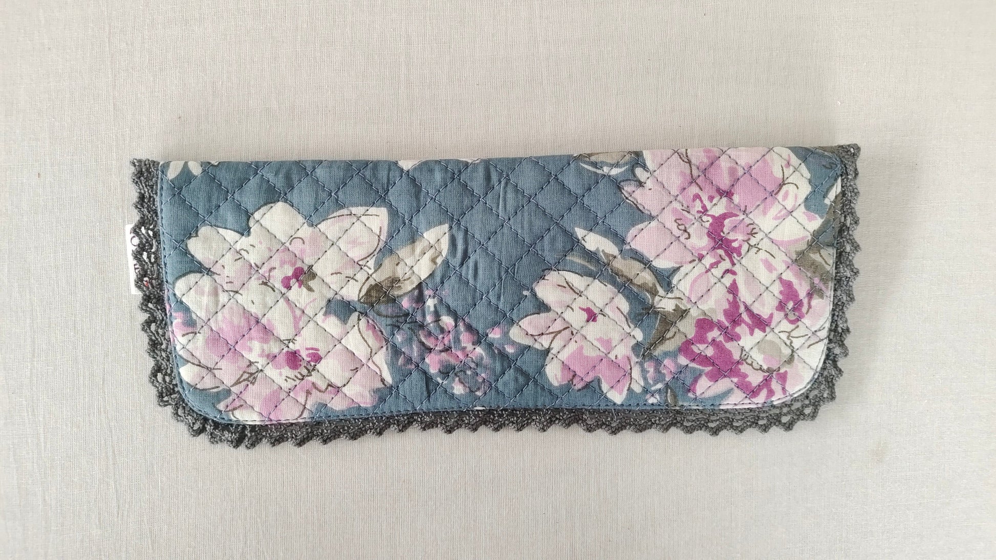Kids' Cotton Grey Floral & Stripe Printed Pencil Pouch with Magnetic Closure and Lace Details PURSE Yo Baby India 