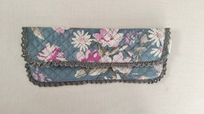 Kids' Cotton Grey Floral & Stripe Printed Pencil Pouch with Magnetic Closure and Lace Details PURSE Yo Baby India 