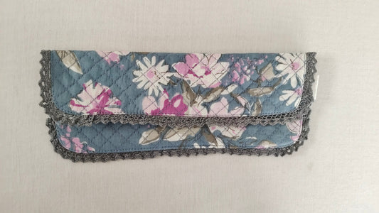 Kids' Cotton Grey Floral & Stripe Printed Pencil Pouch with Magnetic Closure and Lace Details PURSE Yo Baby India 