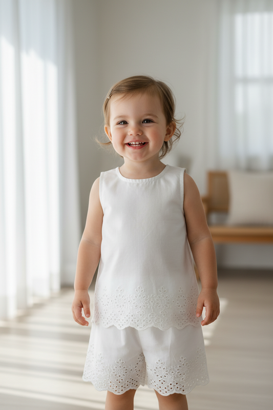 White Schiffli Cotton 2-Piece Set for Kids & Infants – Sleeveless Top with Schiffli Border Shorts