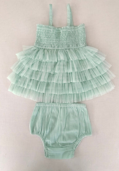 Mint Blue Tiered Tulle Dress with Nylon Net Frills and Adjustable Straps dress & diaper cover Yo Baby India 