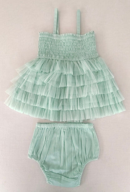 Mint Blue Tiered Tulle Dress with Nylon Net Frills and Adjustable Straps dress & diaper cover Yo Baby India 